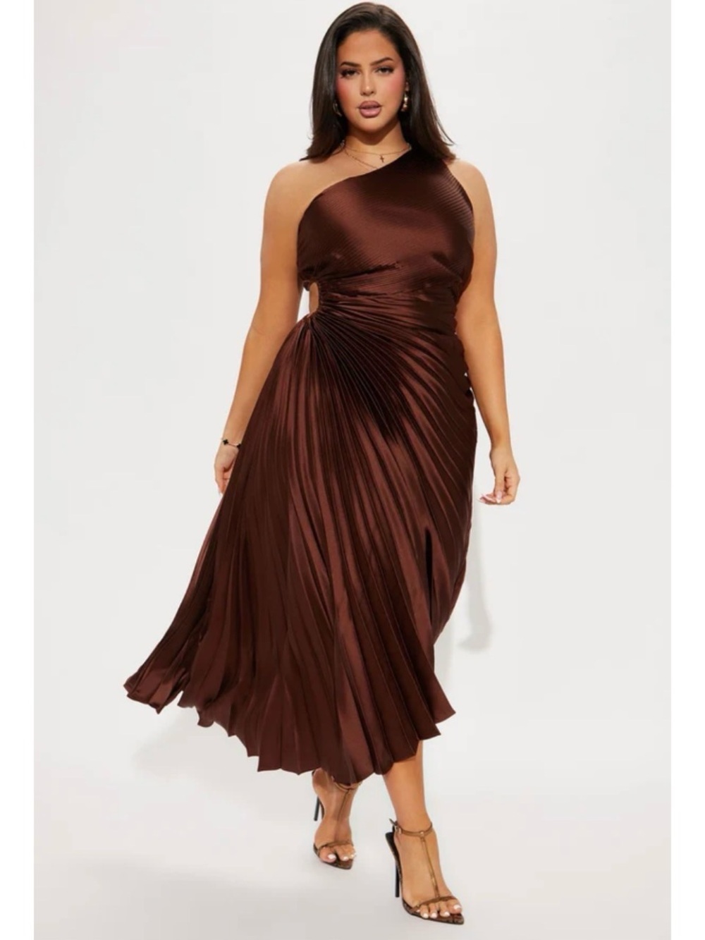 Fashion Nova One-Shoulder Pleated Maxi Dress in Rust